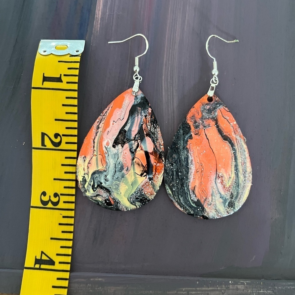 Abstract Orange and Black Teardrop Earrings - Picture 2 of 3